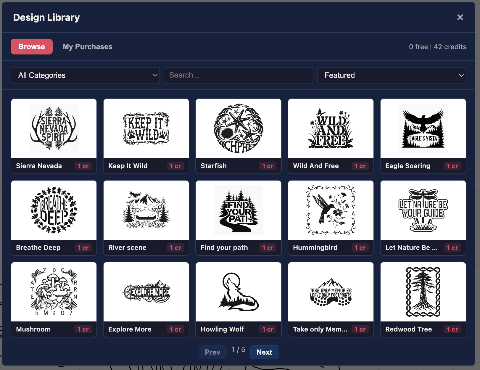 Design library showing browseable grid of laser-ready SVG designs with categories and search