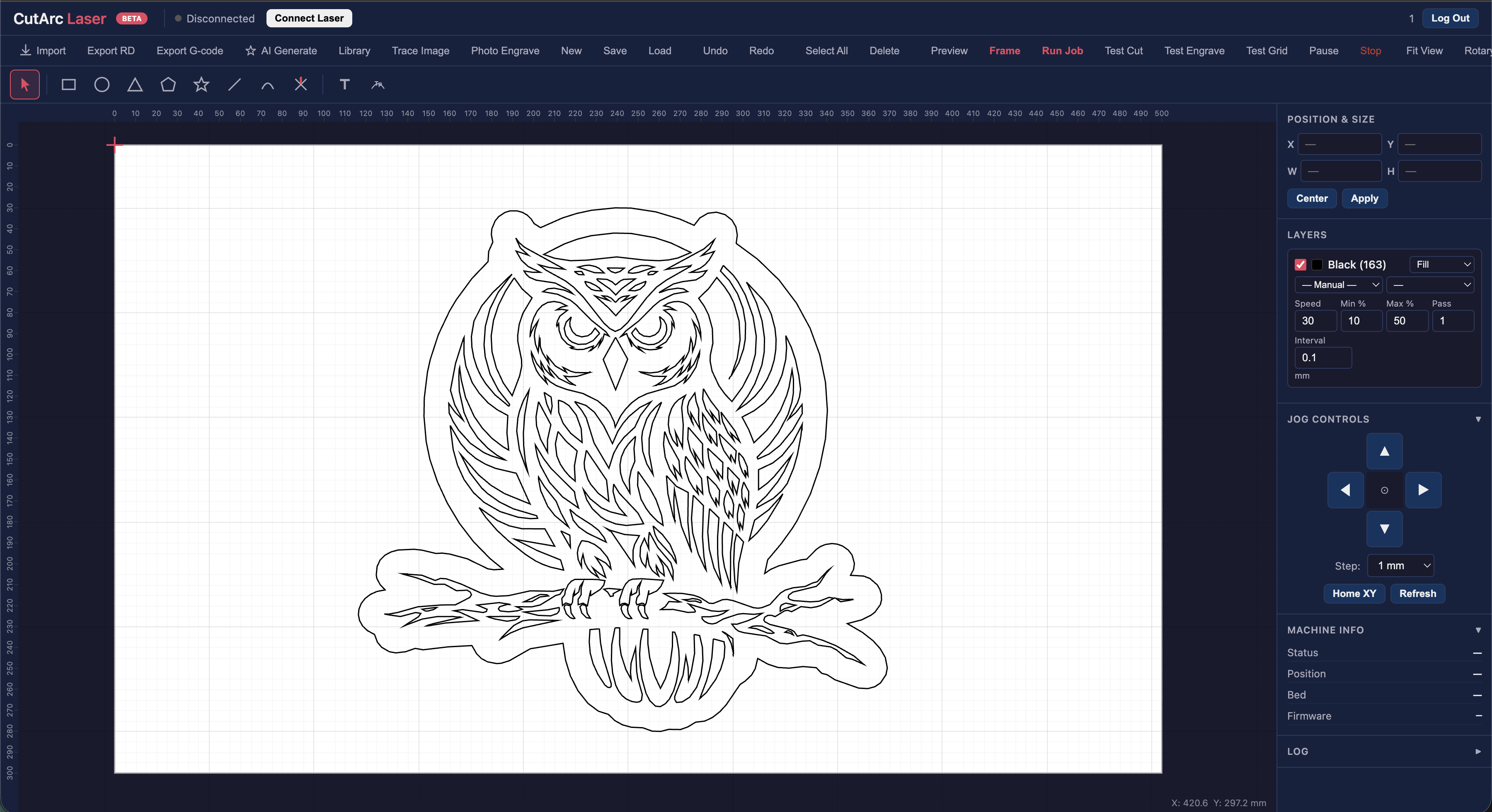 CutArc Laser app showing an owl design on the bed canvas with layer settings and jog controls