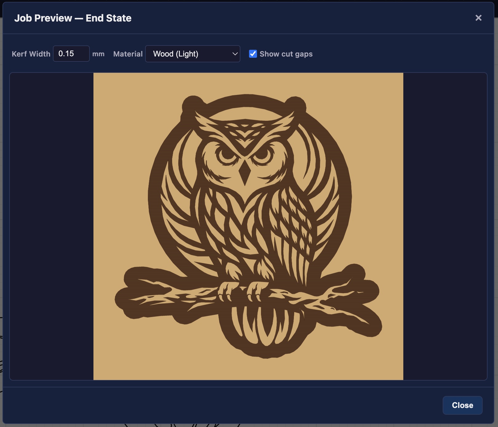 Job preview showing owl design with wood material simulation and kerf settings
