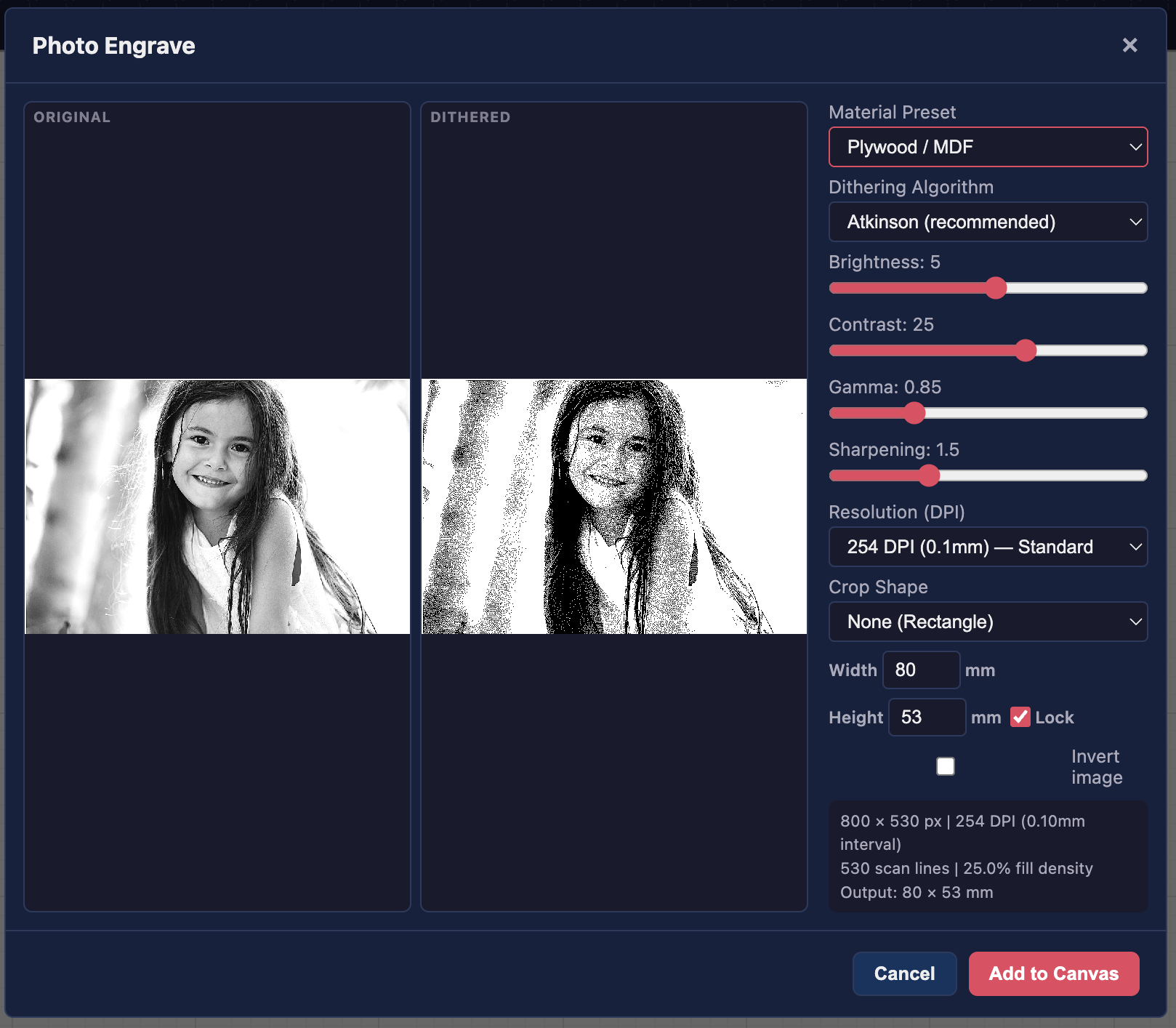 Photo engrave tool showing original photo and dithered preview with material and DPI settings
