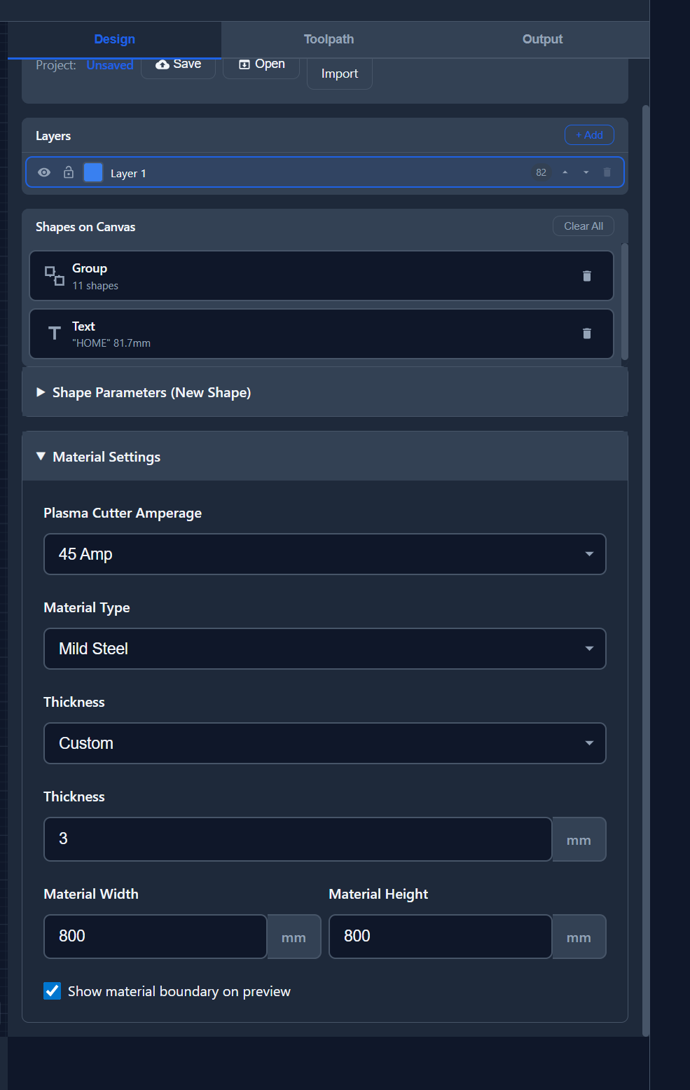 CutArc design tab showing layers, shape management, material settings with plasma cutter amperage, material type, and thickness controls