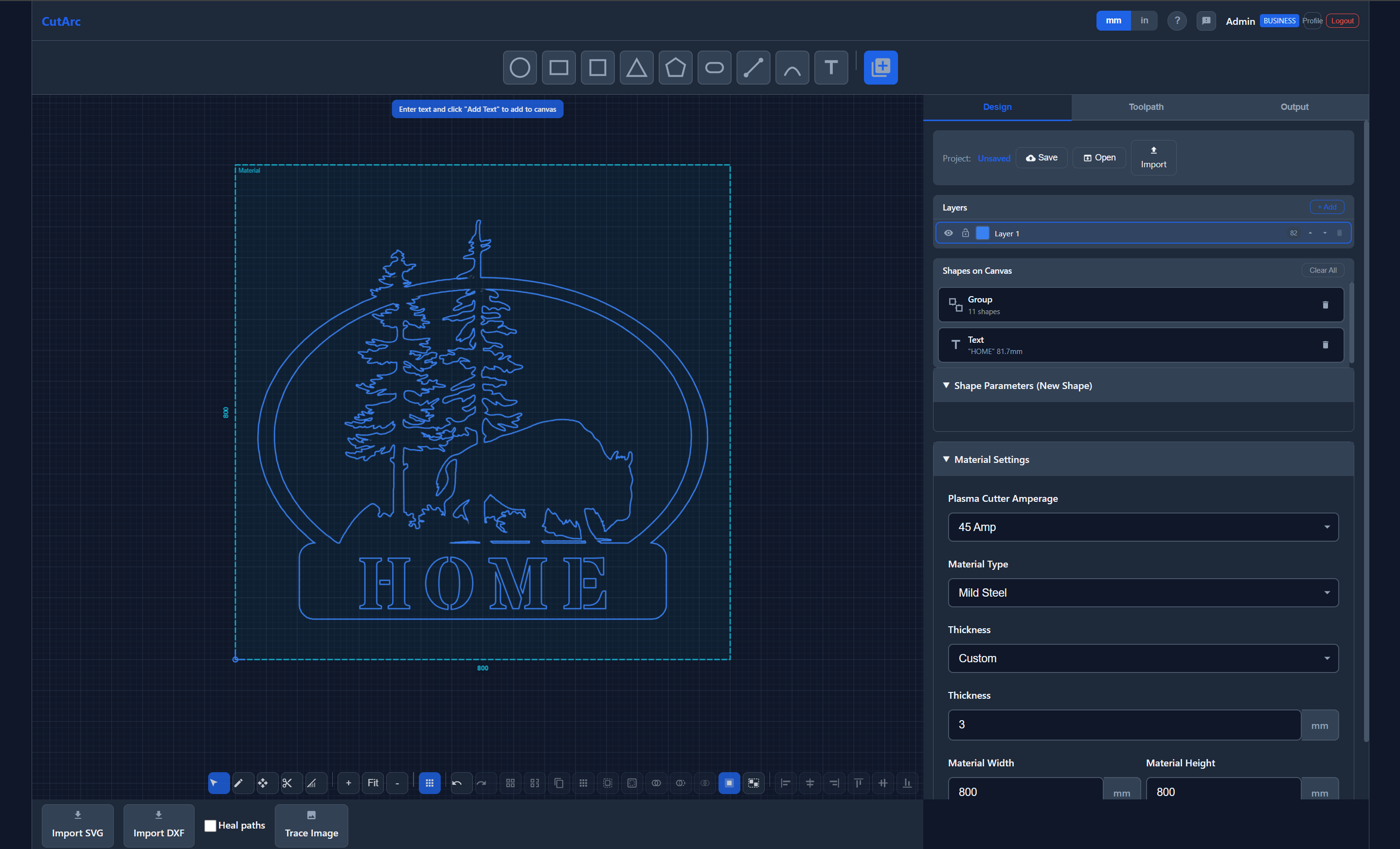 CutArc plasma cutting software interface showing a HOME sign design with kerf compensation on an 800x800mm material sheet