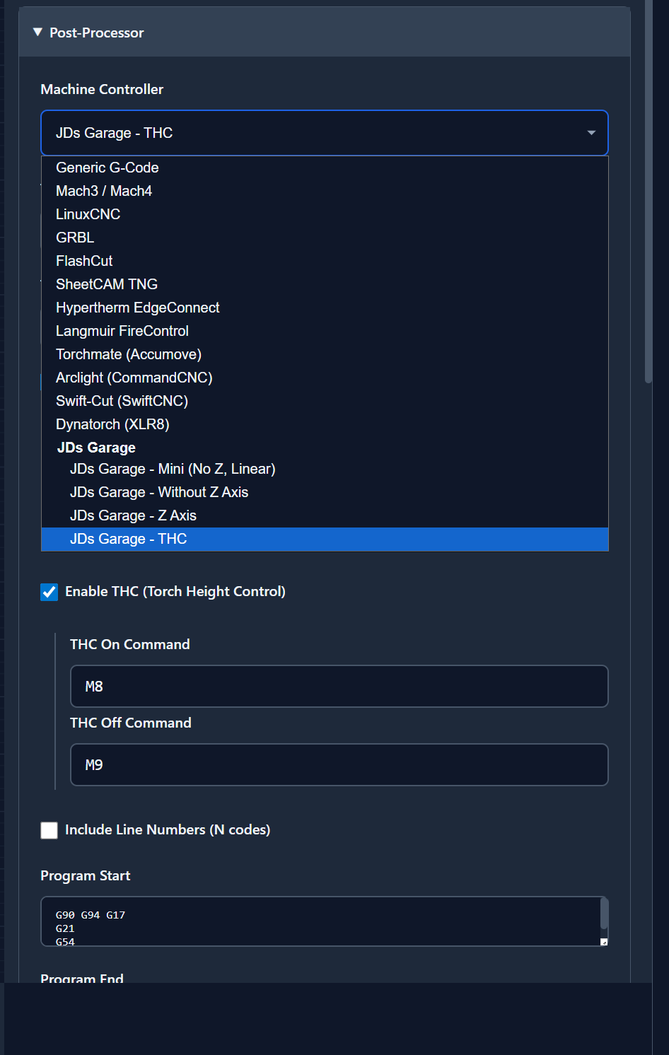 CutArc post-processor selection showing supported CNC controllers including Mach3, LinuxCNC, GRBL, Langmuir FireControl, Hypertherm EdgeConnect, and more